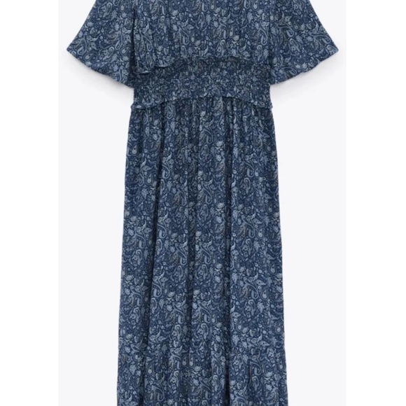 Zara Floral-Print Flutter-Sleeve Smocked-Waist Ruffled Midi Dress Small - Picture 9 of 9
